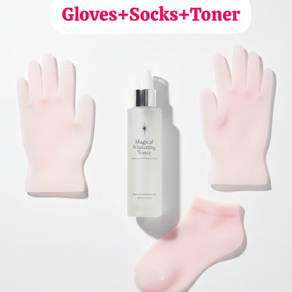 Silicone Moisturizing Socks & Gloves + Magical Whitening Toner – Hydrate, Brighten & Fair Skin